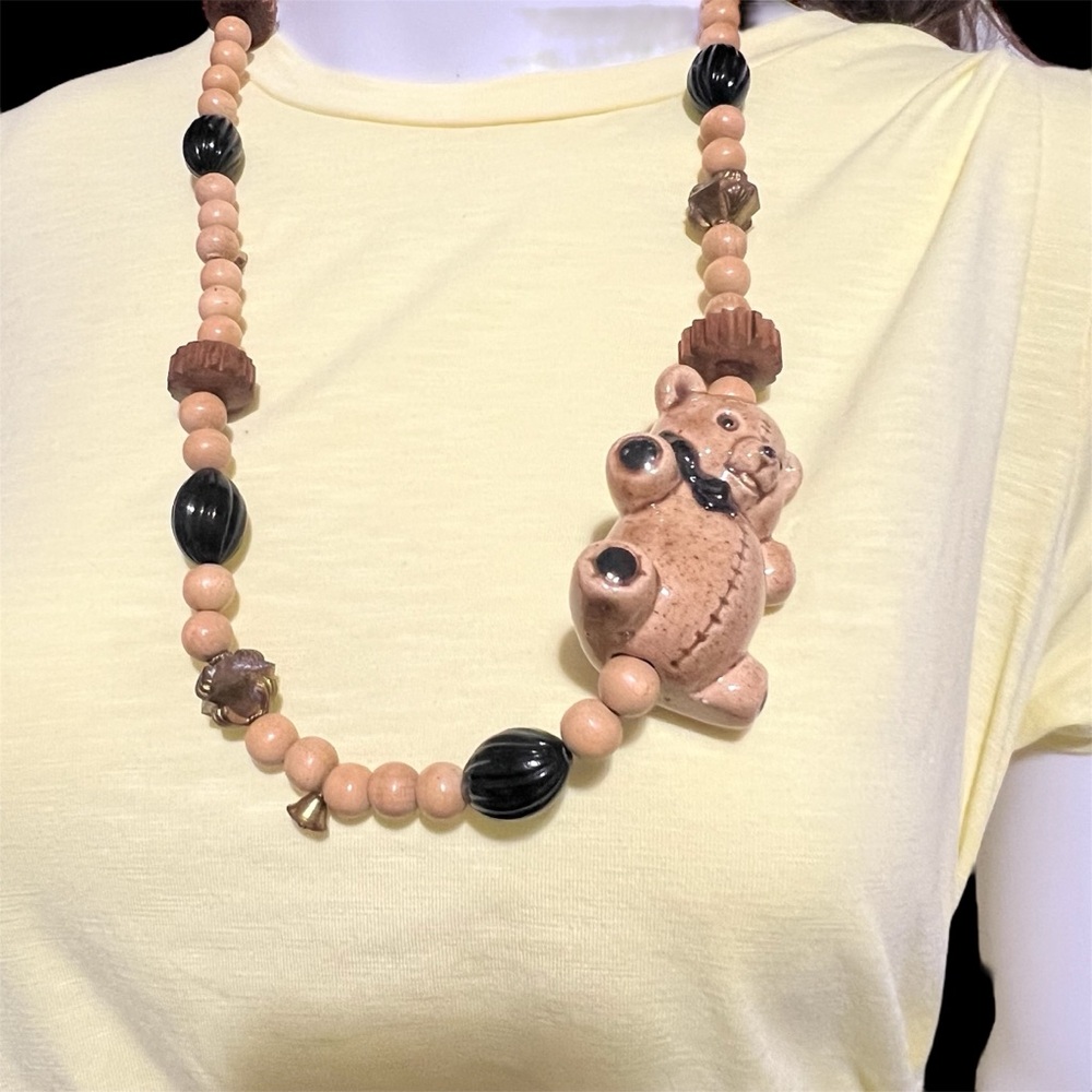 Vintage Ceramic Teddy Bear Beaded Necklace - Picture 2 of 8